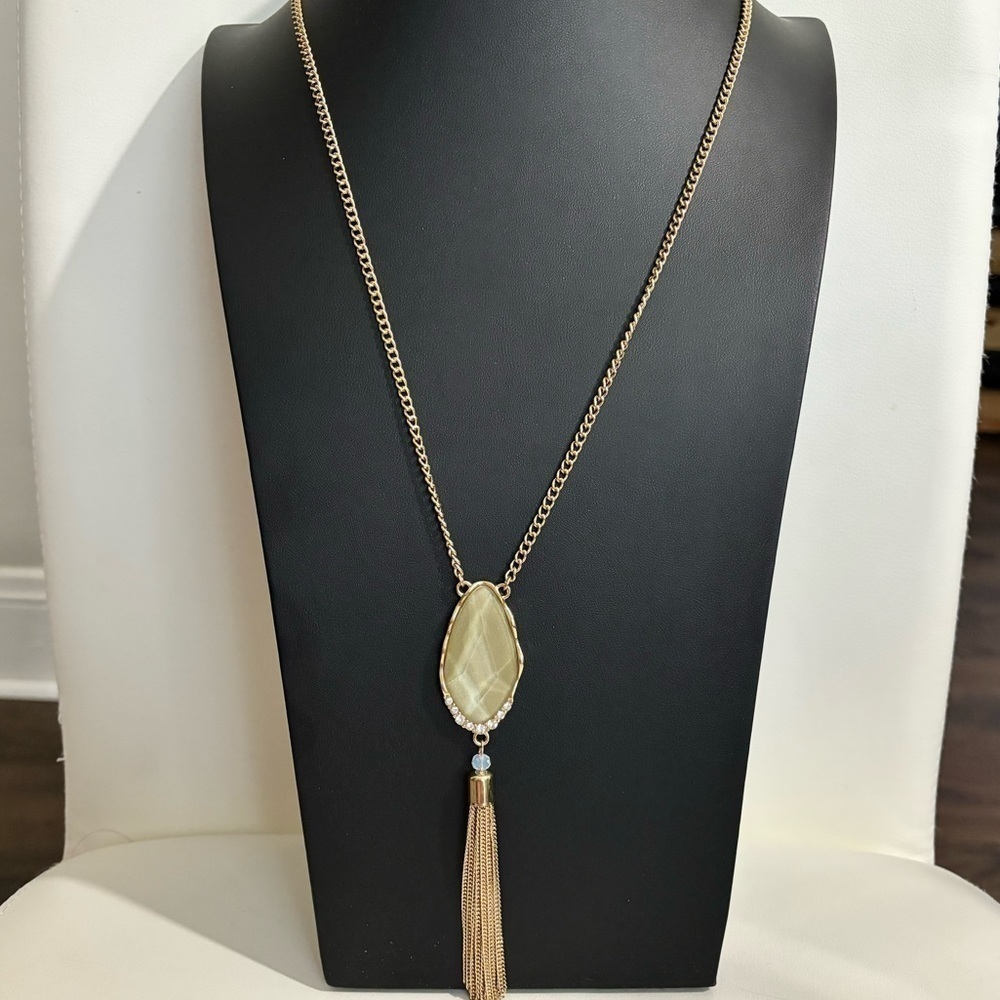 Gold tone  long tassel big rhinestone/crystal or glass in light green